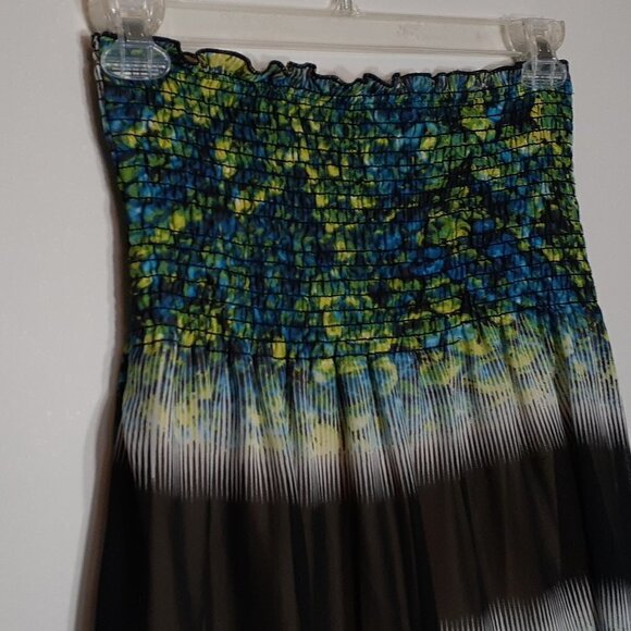 STRAPLESS Smocked high-Low dress blue/Green - Picture 2 of 4